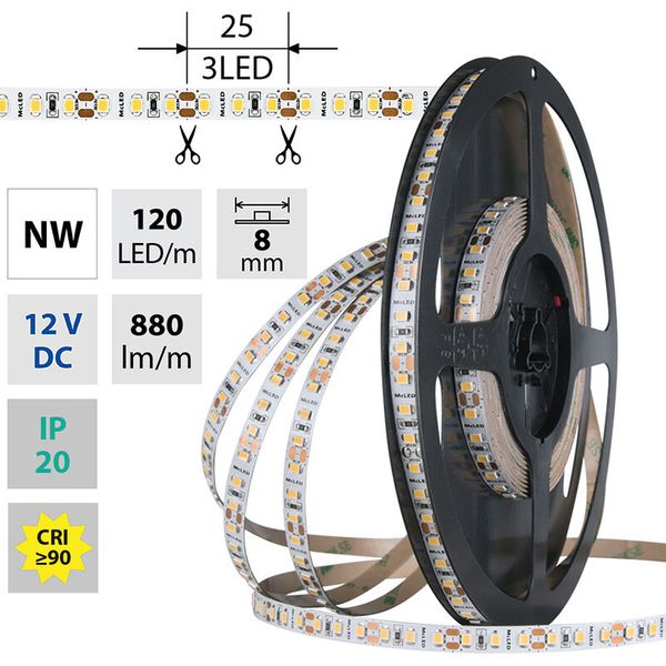 LED strip SMD2835 NW, 120LED/m, 9.6W/m, DC 12V, 880lm/m, CRI90, IP20, 8mm, 5m image 1