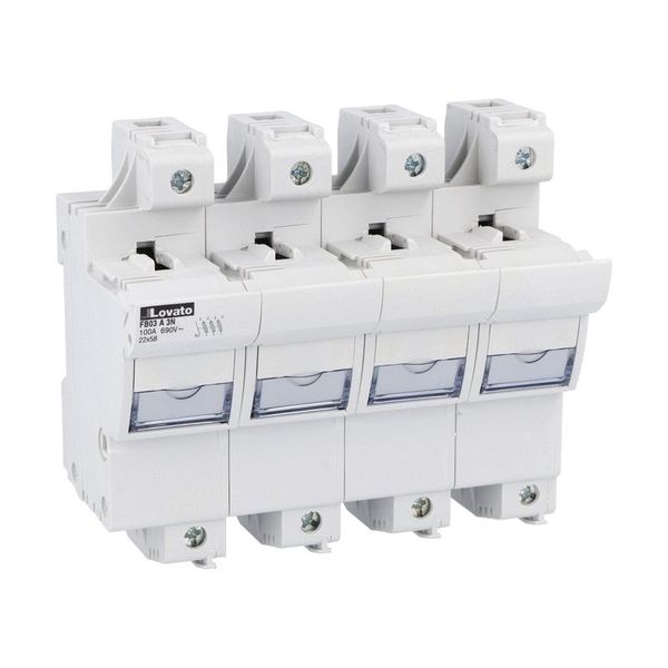 Fuse holder UL recognized and CSA certified, for 22X58mm fuses. 100A/125A rated current at 690VAC, 3P+N. Without status indicator. 4 modules image 1