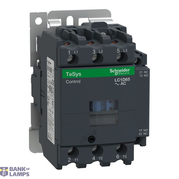 IEC contactor, TeSys D, nonreversing, 65A, 40HP at 480VAC, up to 100kA SCCR, 3 phase, 3 NO, 48VAC 50/60Hz coil, open image 1