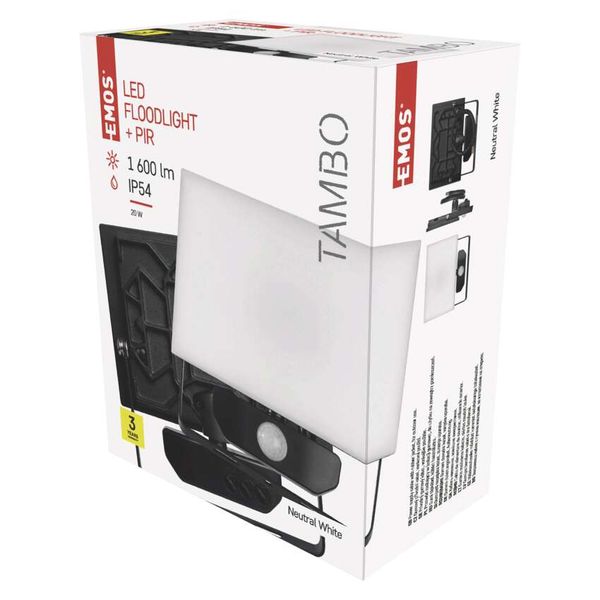 LED spotlight TAMBO with motion sensor, 20 W, black, neutral white image 1