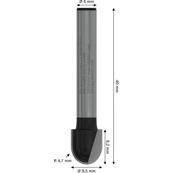 Core box bit, 6 mm, R1 4.7 mm, D 9.5 mm, L 9.2 mm, G 40 mm image 2