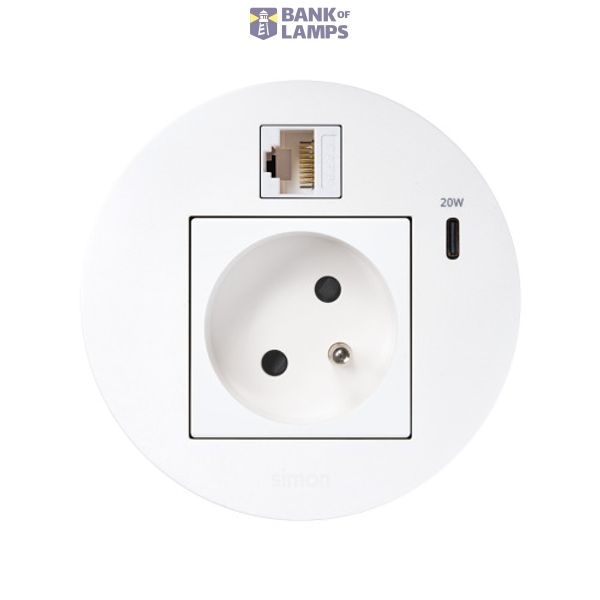 Furniture power socket (pin grounding) with USB-C 20W charger and RJ45 connector cat. 6 UTP (Keystone), Simon 400 Flash 90, IP20, 16A, white, Mount. dimen.: Ø80mm image 1
