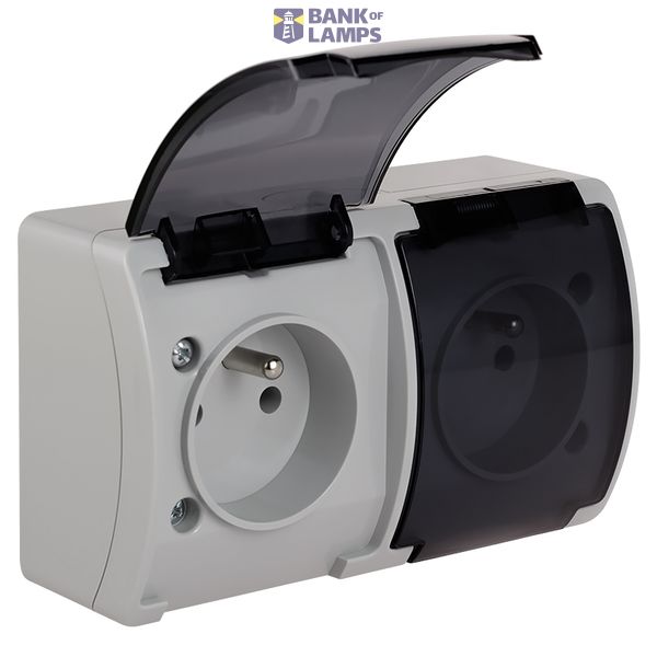 VG-2 Koala Double Socket with earthing contact (2x2P+Z) surface mounted IP44 gray with smoky (transparent) flap  VG 162-53 image 1