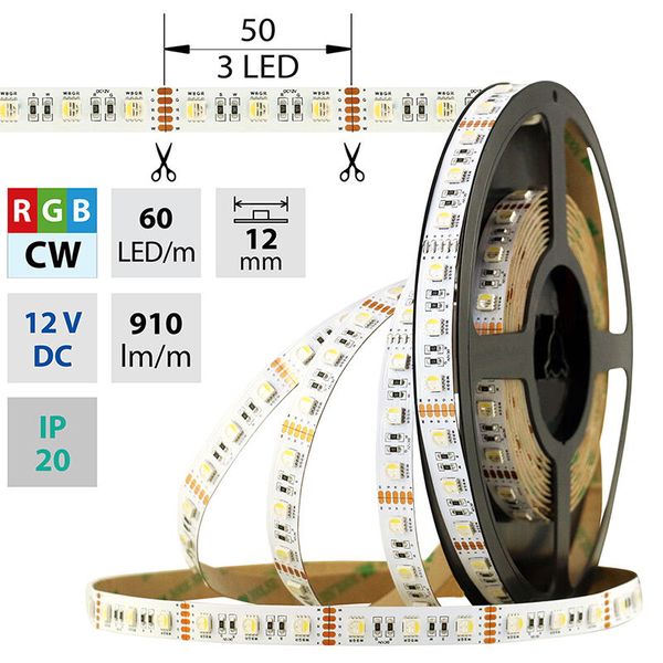 LED strip SMD5050 RGB + CW, 60LED/m, 19,2W/m, 910lm/m, IP20, DC 12V, 12mm, 5m image 1