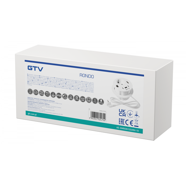 Furniture socket RONDO, 1xSHUKO, 1xUSB-A, 2xUSB-C, HDMI, RJ45 cable 1.5 m, white image 2