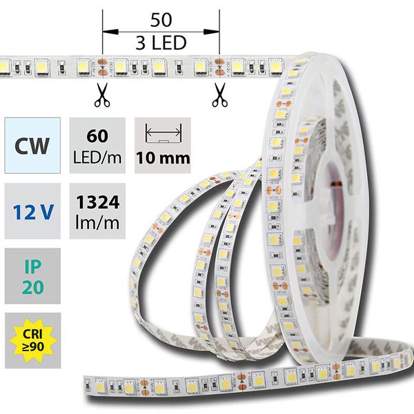 LED strip SMD5050 CW, 60LED/m, 14,4W/m, DC 12V, 1515lm/m, IP20, 10mm, 50m image 1