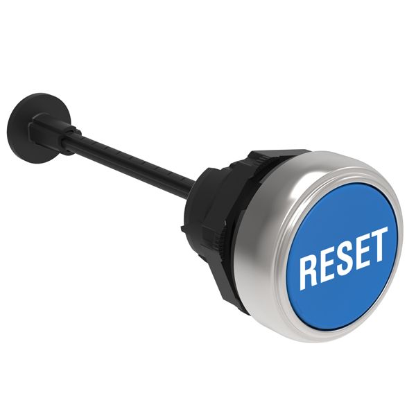 Mechanical RESET button, complete unit, spring return Ø22mm Platinum series chromed plastic, flush. Adjustable length 0...150mm/5.9in, blue with "RESET" caption image 1