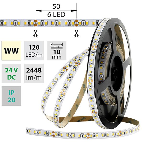 LED strip SMD2835 WW, 120LED/m, 28,8W/m, 2448lm/m, IP20, DC 24V, 10mm, 5m image 1