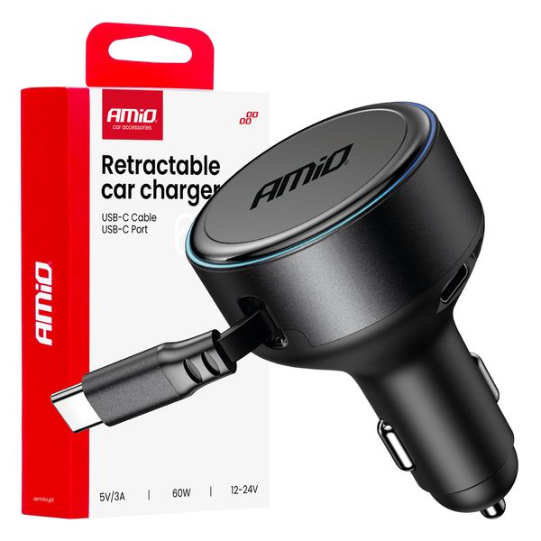 Retractable car charger C cable + USB C port 12/24V 60W AMIO-04368 image 1