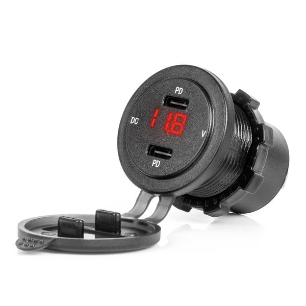 Waterproof Phone Charger with RED LED Indicator Digital Voltometer 2xUSB C 12/24V AMIO-04225 image 1
