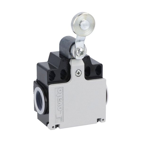 Limit switch, K series, roller lever plunger, 2 side cable entry. Dimensions compatible to EN 50047, metal body, contacts 1NO+1NC slow action make before break. Metal roller image 1