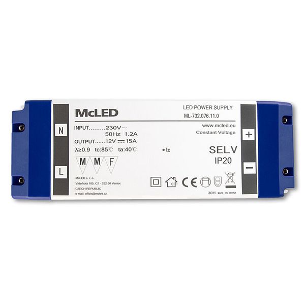 Power supply 180W, DC12V/15A, IP20, plastic design with terminal block image 1