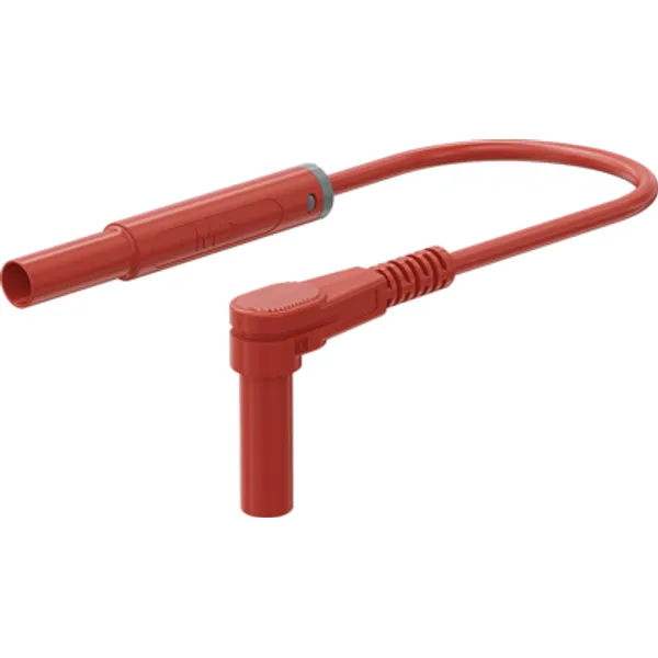 Safety measuring lead with (4 mm lamella plug, straight) to (4 mm lamella plug, angled), 1 m, red, PVC, 1.0 mm², CAT III, CAT IV, 66.1049-10022 image 1