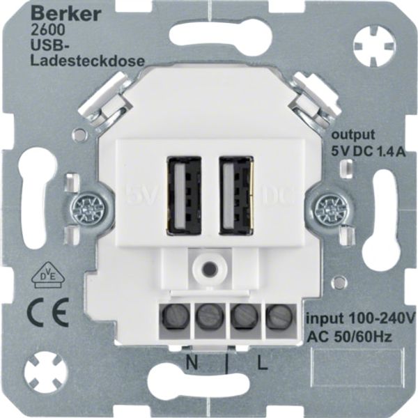 Socket, charging via USB connector, 100 - 240 V ~, 50/60 Hz, 5 V = (+ / - 5%), No data transfer possible!, dom. electronics, white, mat image 1