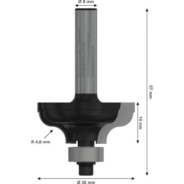 Edge forming bit A, 8 mm, R1 4.8 mm, B 11 mm, L 14.3 mm, G 57 mm image 2