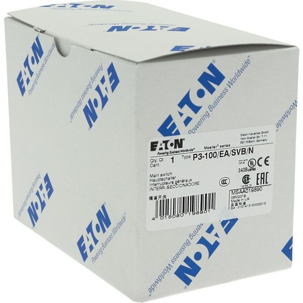 P3-100/EA/SVB/N Main switch, P3, 100 A, flush mounting, 3 pole + N, Emergency switching off function, With red rotary handle and yellow locking ring, Lockable in the image 8