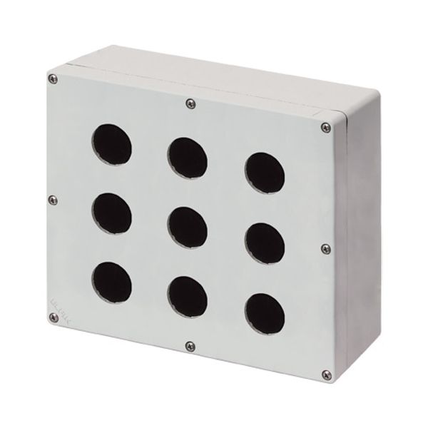 Aluminium push-button enclosure M4 230x205x100, 9 holes Ø 30, without cable entry image 1