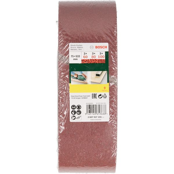 9-piece sanding belt set, 75 x 533 mm, grit 60, 80, 100 75 x 533 mm image 2