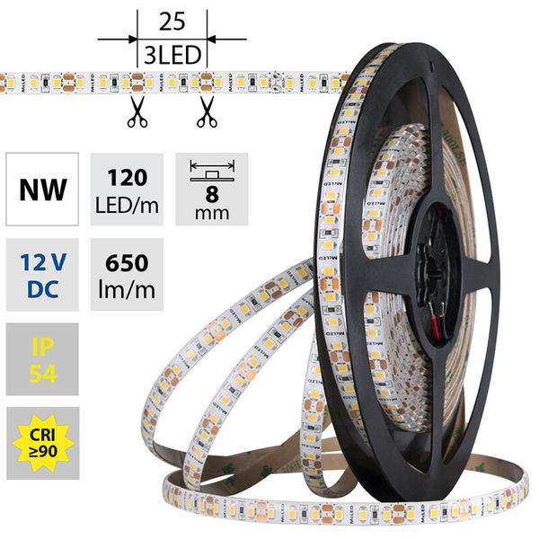 LED strip SMD2835 NW, 120LED/m, 9,6W/m, DC 12V, 650lm/m, CRI90, IP54, 8mm, 5m image 1