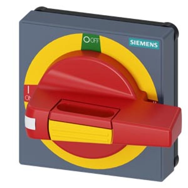 Handle with masking plate EMERGENCY OFF, size 75x 75, for shaft 8x 8, I-0-II image 1