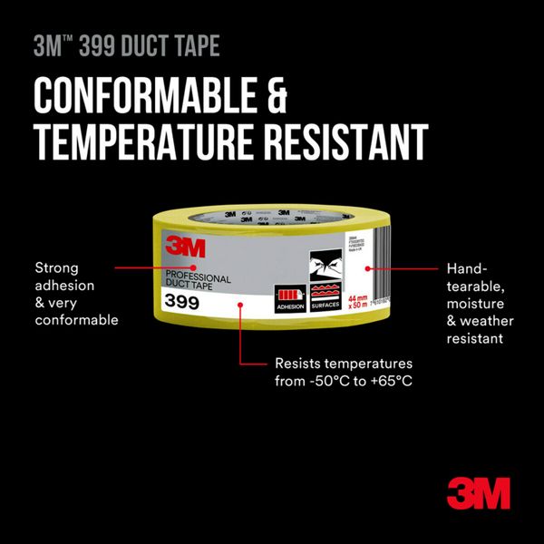 3M™ Duct Tape 399,  Brick & Concrete, Yellow, 44 mm x 50 m, 1 Roll/Pac image 3
