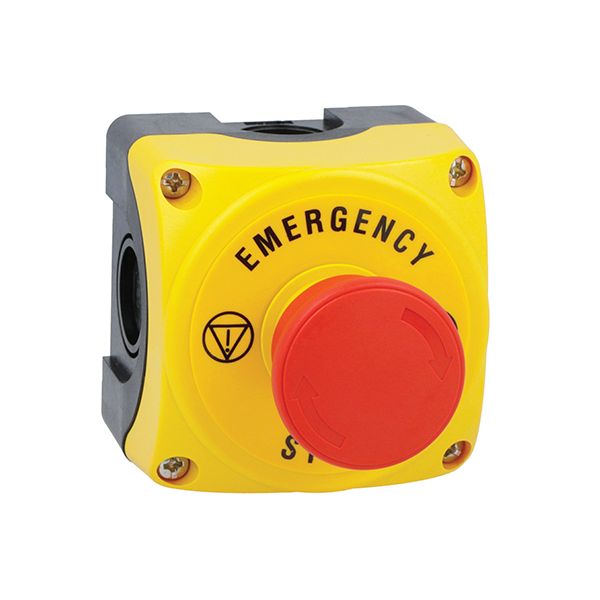 Yellow control station LPZP1A5 complete with mushroom pushbutton turn-to-release LPCB6644 1NC and "EMERGENCY/STOP" disk image 1
