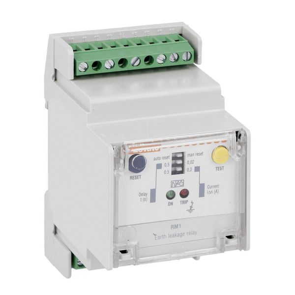 Earth leakage relay with 1 operatin threshold, modular, 35mm DIN (IEC/EN60715) rail mounting. External CT. Fixed tripping set point and time, 110VAC-240VAC-415VAC image 1