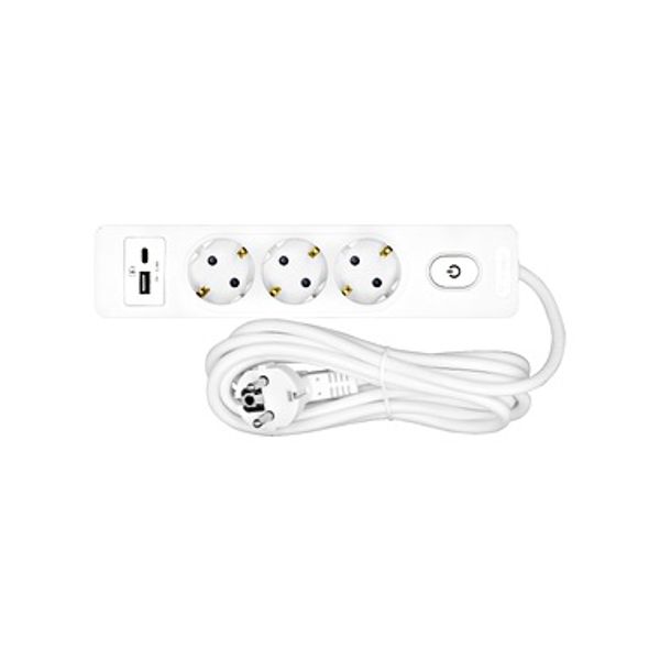 Power strip 3-way, 1,5m cable, switch, USB A+C, white image 1