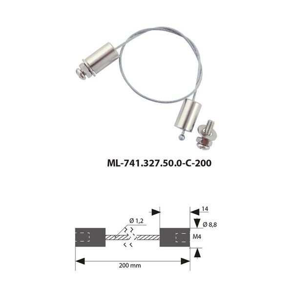 Suspension steel cable, 1.2x200mm, ended with a roller 14 x 8.8mm M4 image 1