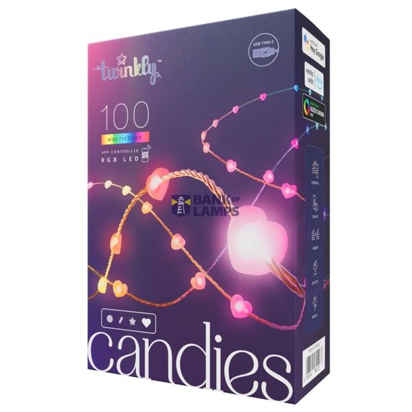 Twinkly Candies – 100 Heart-shaped RGB LEDs, Clear Wire, USB-C image 1