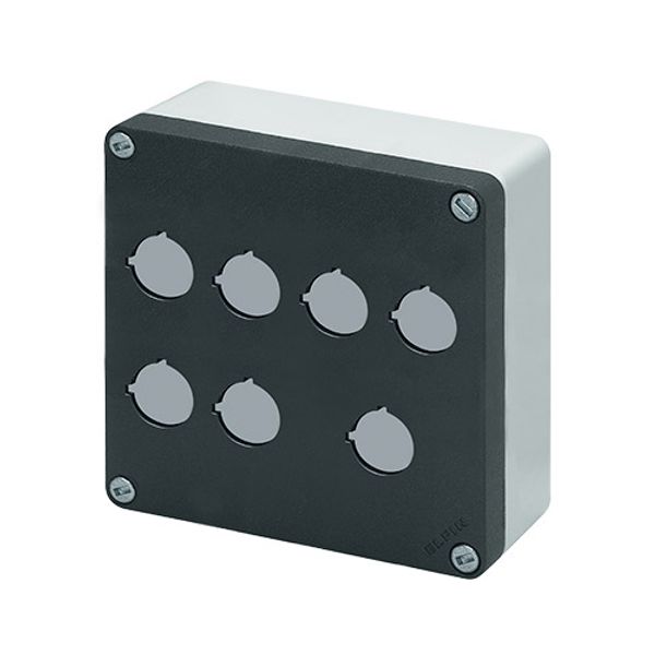 Aluminium push-button enclosure M10 140x140x65, 7 holes Ø 22, without cable entry image 1