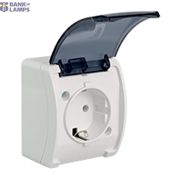 VG-1 Koala Single Socket 2P+Z SCHUKO surface mounted IP44 white with smoky (transparent) flap VG 181-51 image 1