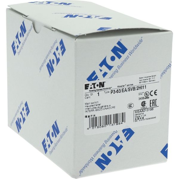 P3-63/EA/SVB/2HI11 Main switch, P3, 63 A, flush mounting, 3 pole, 2 N/O, 2 N/C, Emergency switching off function, With red rotary handle and yellow locking ring image 25