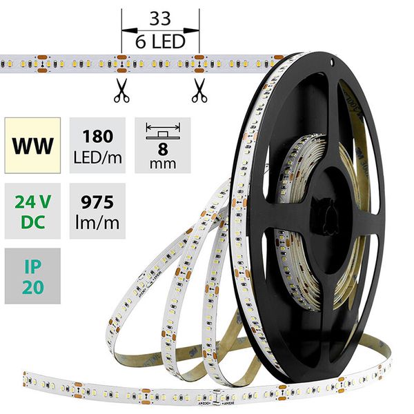 LED strip SMD2216 WW, 180LED/m, 12W/m, 975lm/m, IP20, DC 24V, 8mm, 5m image 1
