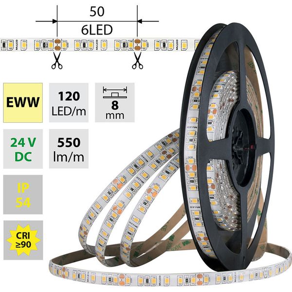 LED strip SMD2835 EWW, 120LED/m, 9,6W/m, DC 24V, 550lm/m, CRI90, IP54, 8mm, 5m image 1