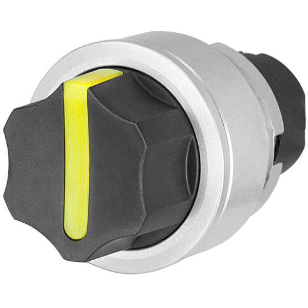 Knob selector switch, illuminated, yellow, flush-mount, 3-position, Cam O, return to Centre image 1