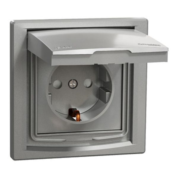 Socket outlet Asfora 1-gang side earth shutters IP44 aluminium 16A image 1
