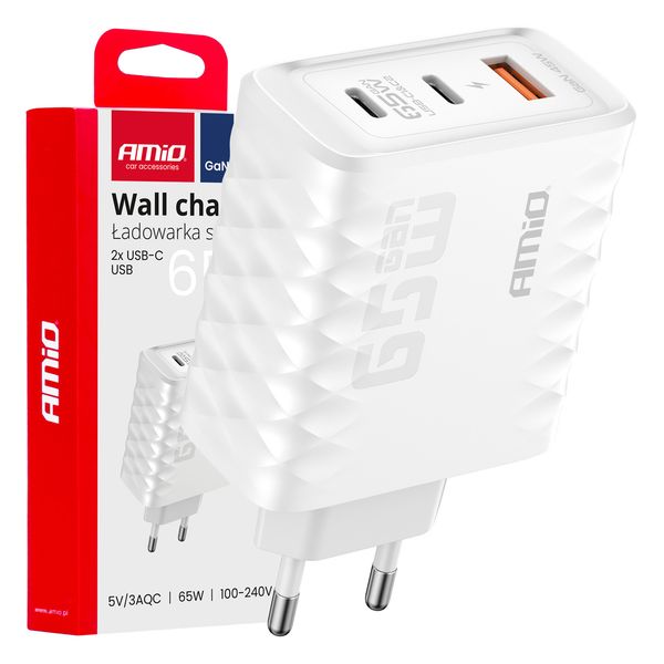 Wall charger Quick Charge 65W USB-A + 2xUSB-C AMIO-04289 image 1