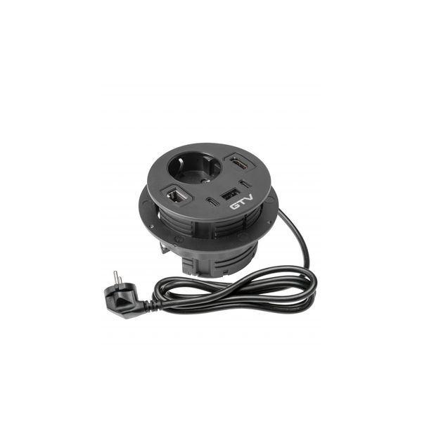 Furniture socket RONDO, 1xSHUKO, 1xUSB-A, 2xUSB-C, HDMI, RJ45 cable 1.5 m, black image 1