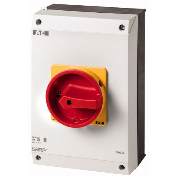 P3-63/I4/SVB/HI11-NA Main switch, P3, 63 A, surface mounting, 3 pole, 1 N/O, 1 N/C, Emergency switching off function, With red rotary handle and yellow locking ring, UL/CS image 1