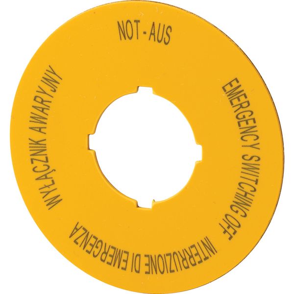 M22-XBK5 Label, emergency switching off, D=60mm, yellow, PL, EN, DE, IT image 2