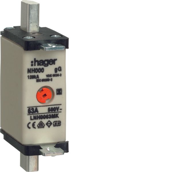 NH000-Fuse-link 63A 500V gG twin-Indicator insulated gripping lugs image 1