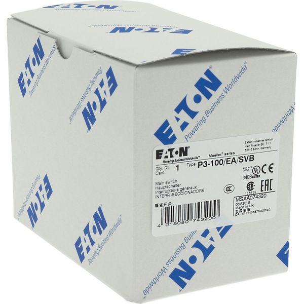 P3-100/EA/SVB Main switch, P3, 100 A, flush mounting, 3 pole, Emergency switching off function, With red rotary handle and yellow locking ring, Lockable in the 0 (O image 24