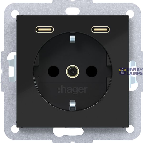 SCHUKO wall socket with earth connection, 2 x USB C (PD), A.x/C.x, black glossy. image 1