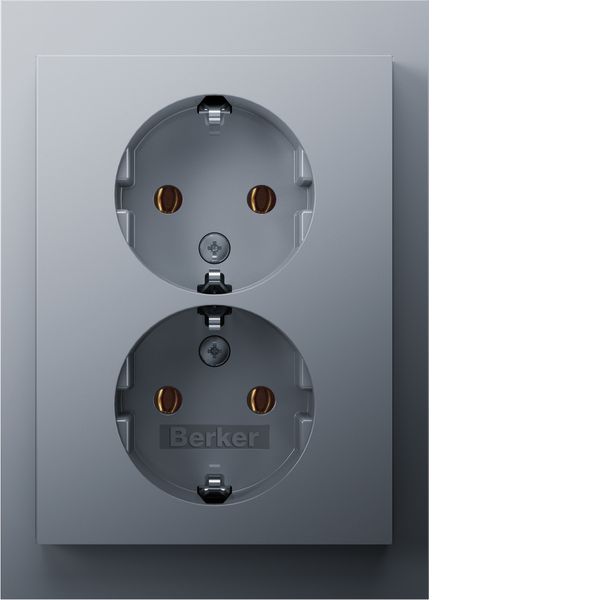 Double socket SCHUKO with Coverplate high, K.5 alu matt image 1