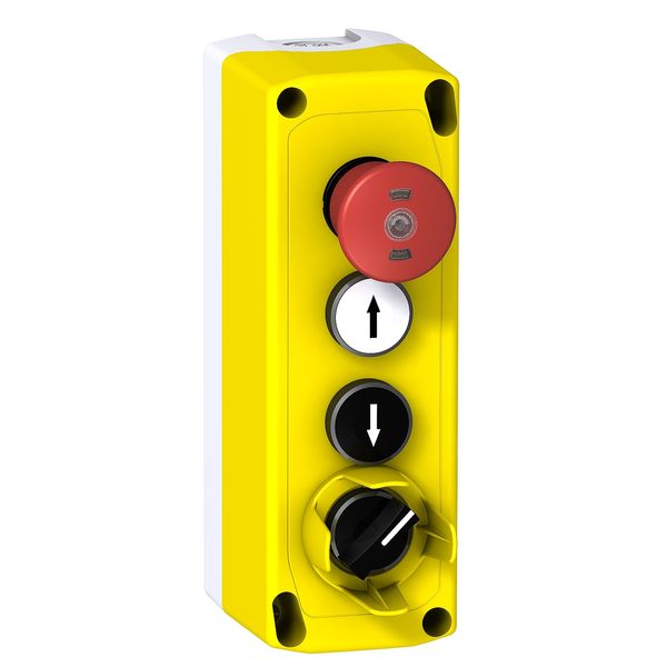 Top of car box, Harmony XALF, grey, 1 red push button, 2 flush pushbuttons, 1 selector button image 1