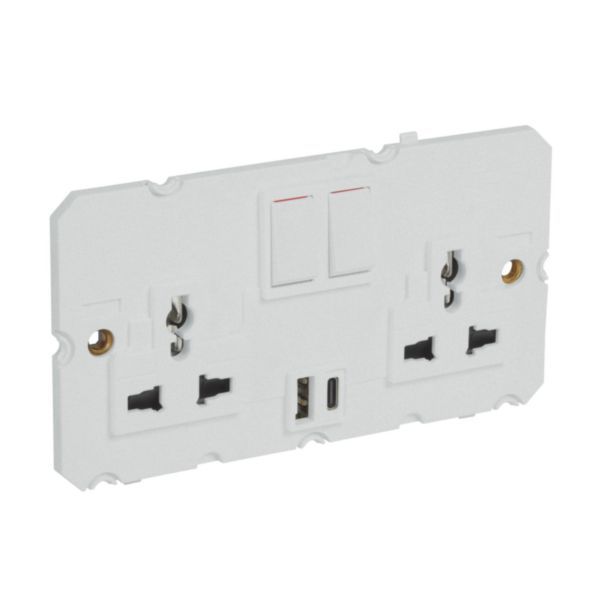 Arteor™ - Multistandard 2x2P+E switched 2 gang socket outlet 16 A 250 V~/ 15 A - 127 V~ with USB charger - Soft Alu image 1