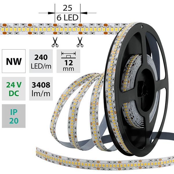 LED strip SMD2835 NW, 240LED/m, 38.4W/m, 3408lm/m, IP20, DC 24V, 12mm, 50m image 1