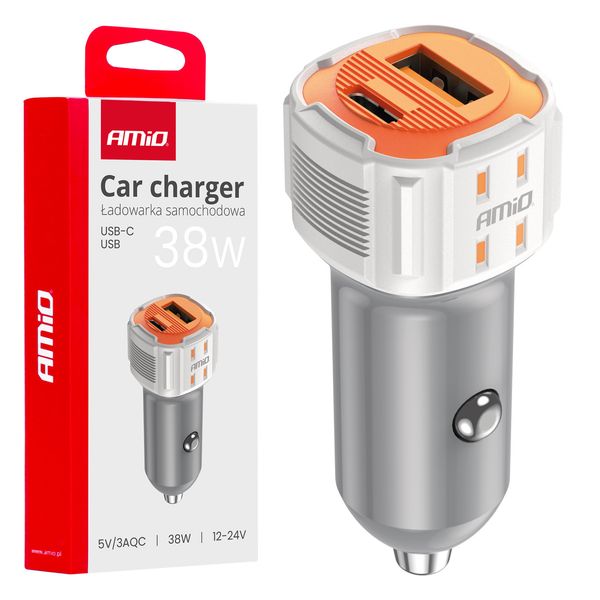 Car charger USB-A + USB-C 38W 12/24V AMiO-03883 image 1
