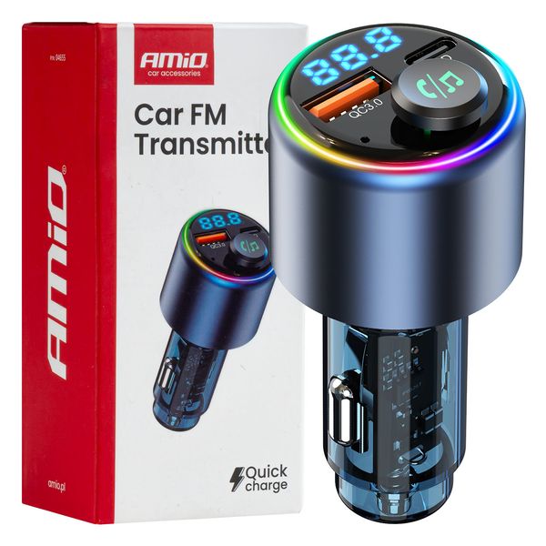 Car FM Transmitter 1×USB-A 1×USB-C 12V 24V AMIO-04655 image 1